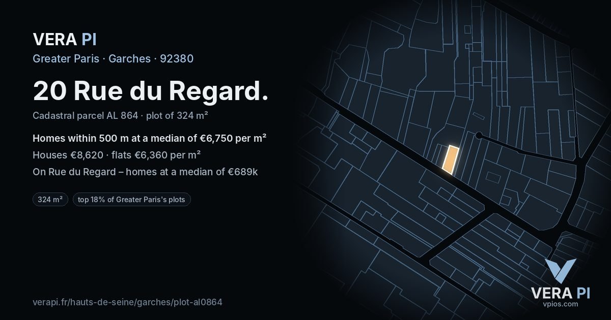 20 Rue du Regard, Garches at night – the plot lit, the parcels around coloured by the prices near them