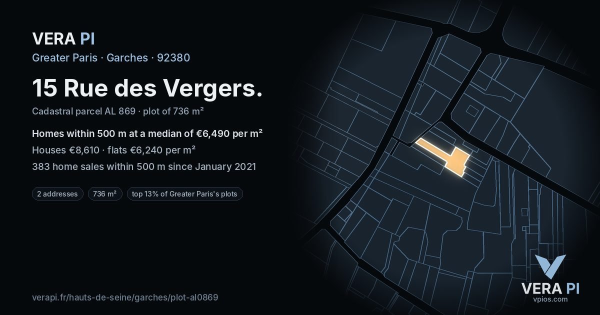 15 Rue des Vergers, Garches at night – the plot lit, the parcels around coloured by the prices near them