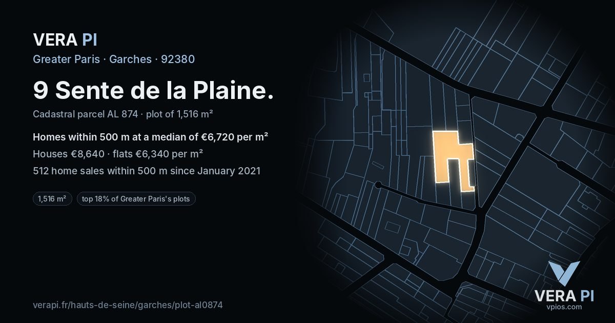 9 Sente de la Plaine, Garches at night – the plot lit, the parcels around coloured by the prices near them