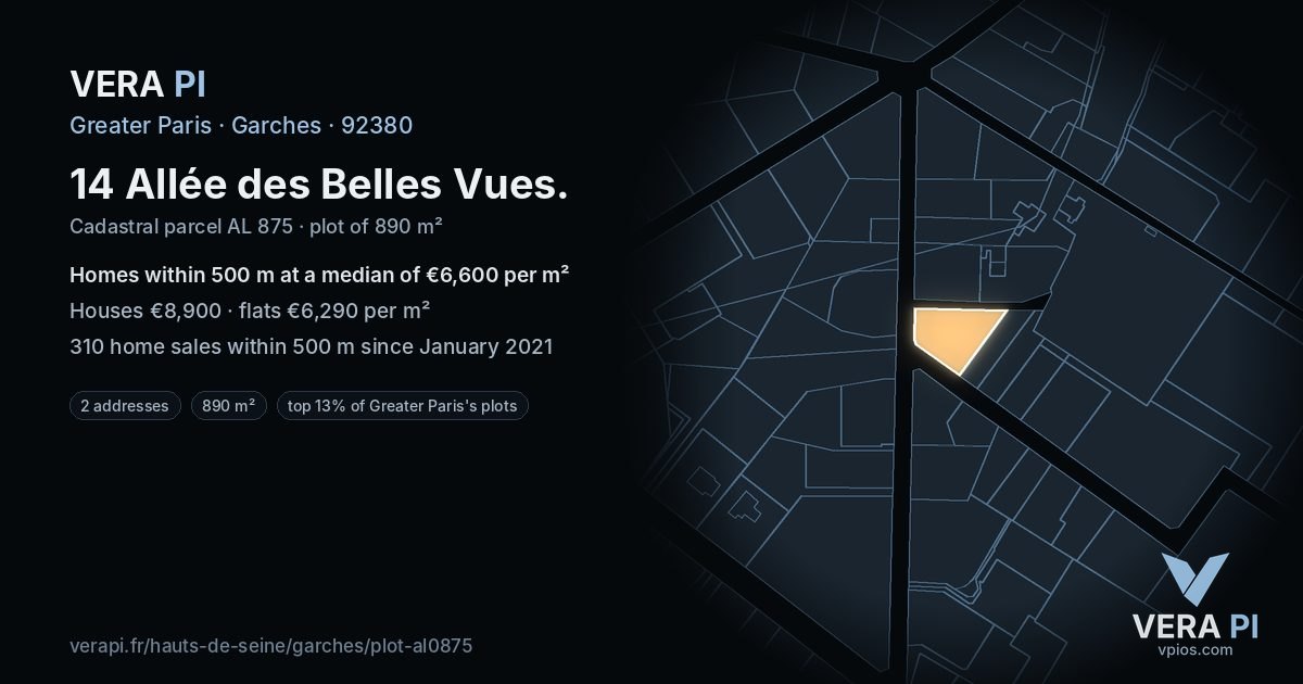 14 Allée des Belles Vues, Garches at night – the plot lit, the parcels around coloured by the prices near them