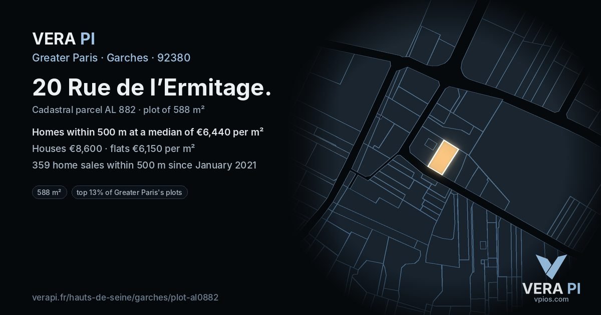 20 Rue de l’Ermitage, Garches at night – the plot lit, the parcels around coloured by the prices near them