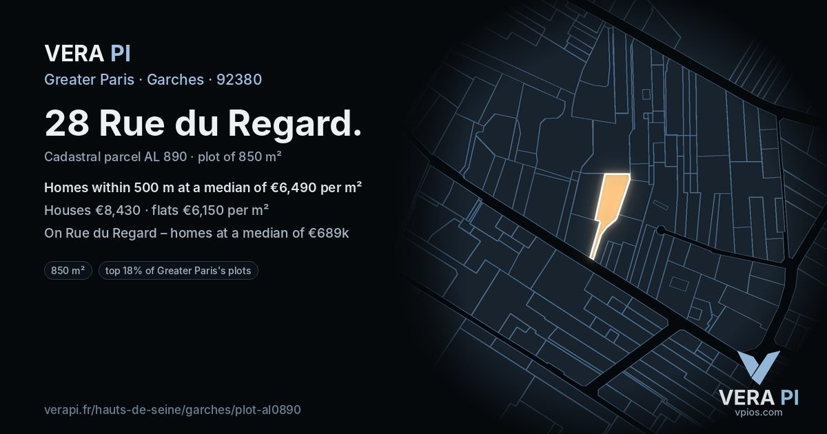 28 Rue du Regard, Garches at night – the plot lit, the parcels around coloured by the prices near them
