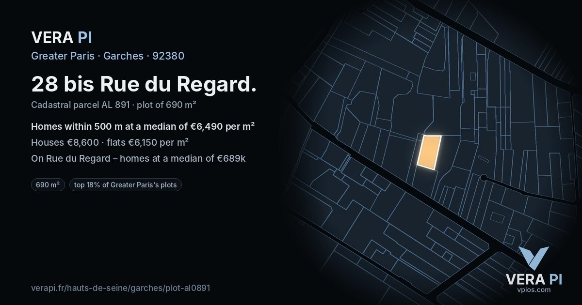28 bis Rue du Regard, Garches at night – the plot lit, the parcels around coloured by the prices near them