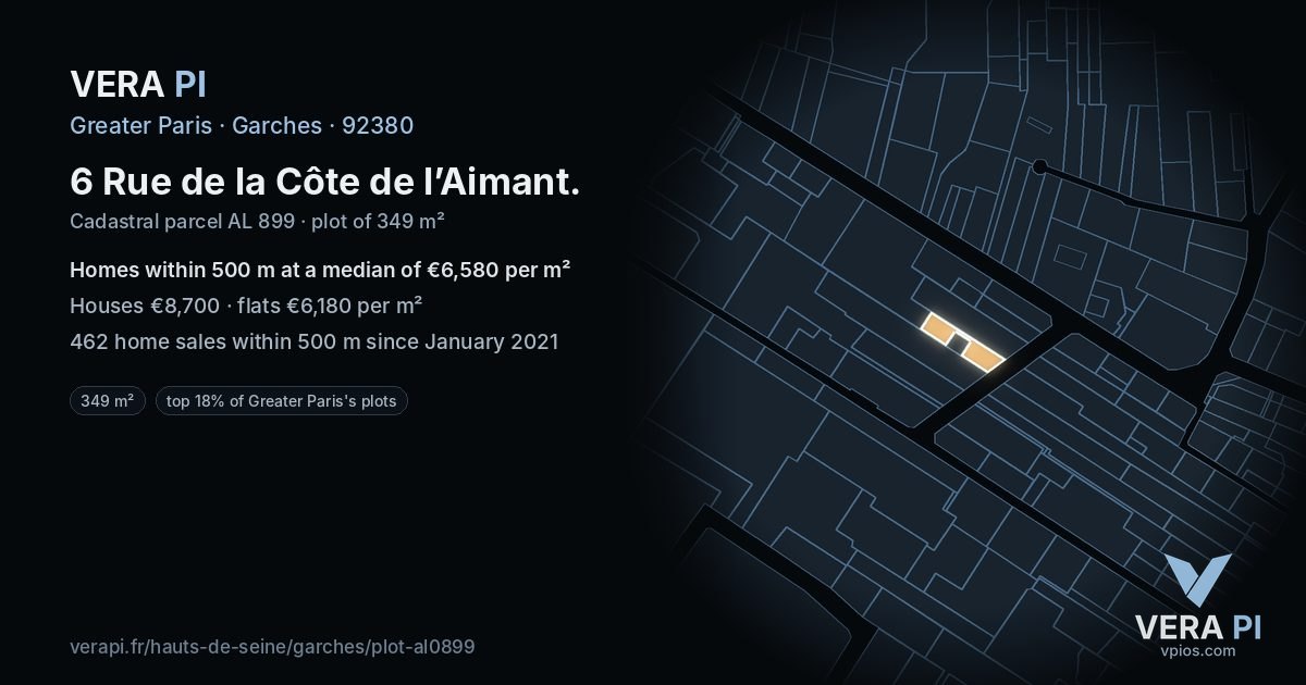 6 Rue de la Côte de l’Aimant, Garches at night – the plot lit, the parcels around coloured by the prices near them