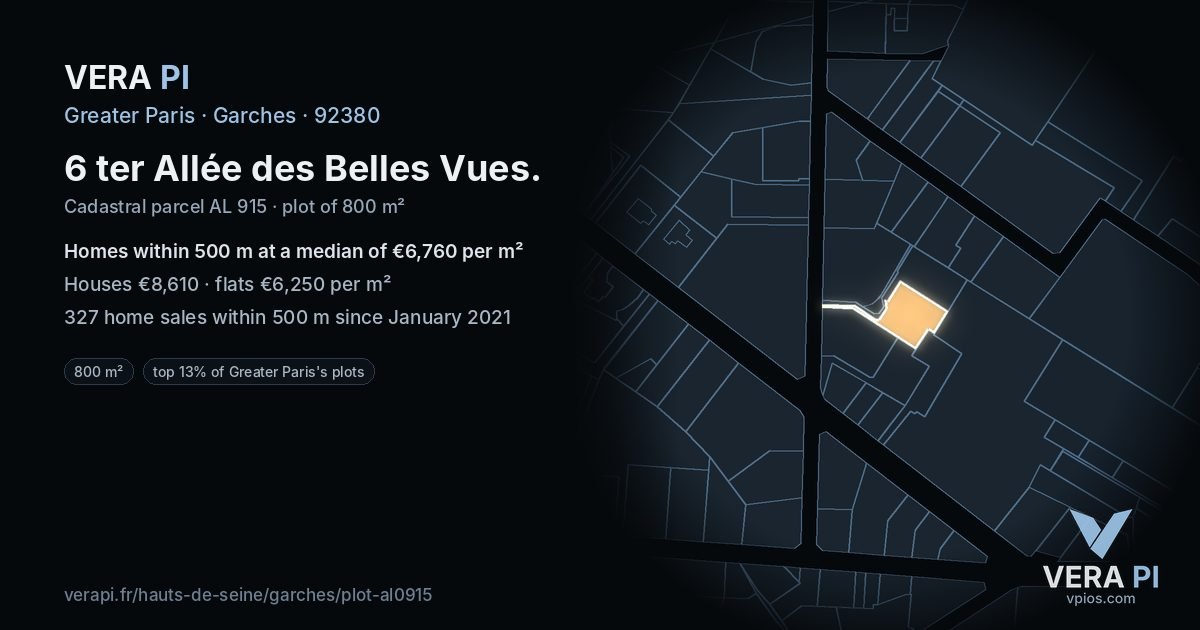 6 ter Allée des Belles Vues, Garches at night – the plot lit, the parcels around coloured by the prices near them