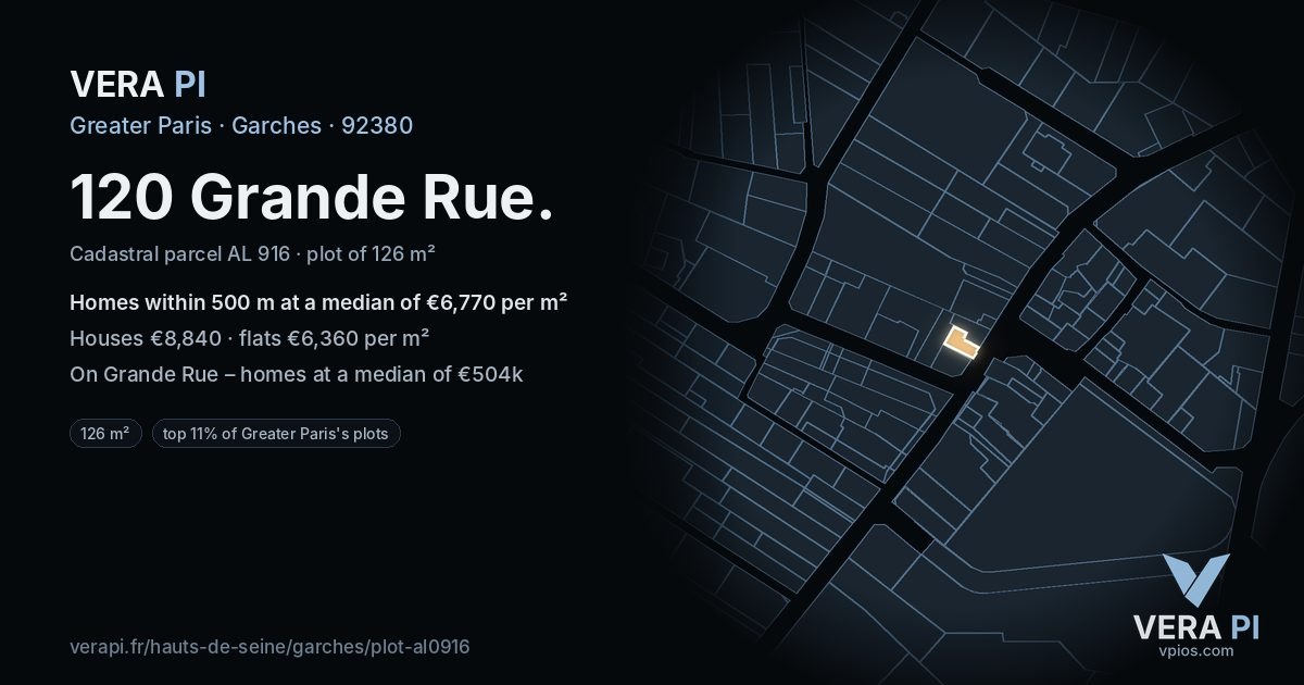 120 Grande Rue, Garches at night – the plot lit, the parcels around coloured by the prices near them