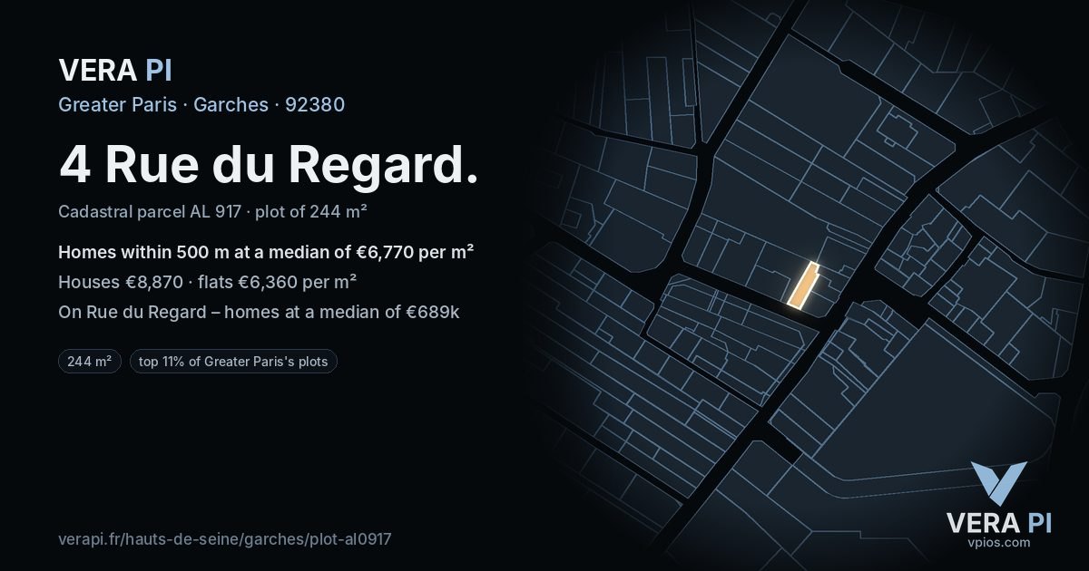 4 Rue du Regard, Garches at night – the plot lit, the parcels around coloured by the prices near them