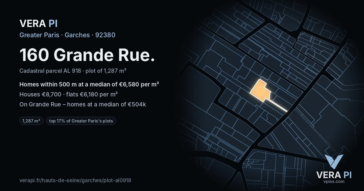 160 Grande Rue, Garches at night – the plot lit, the parcels around coloured by the prices near them