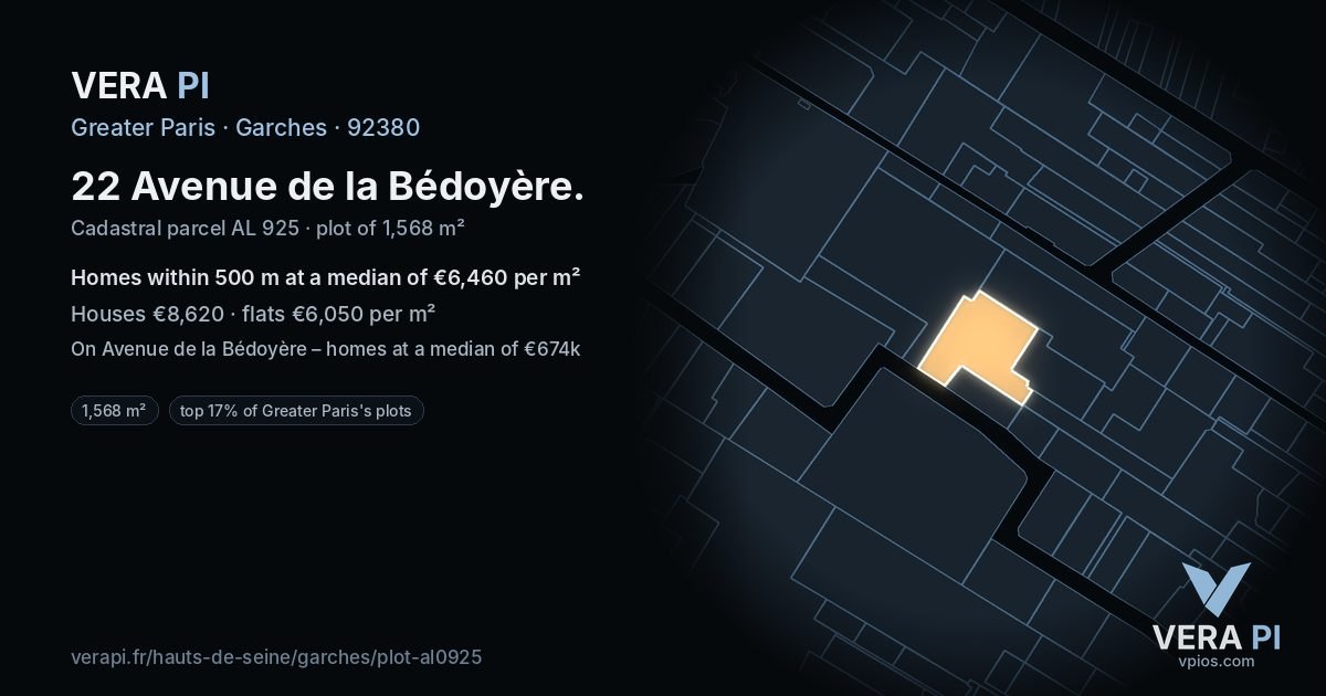 22 Avenue de la Bédoyère, Garches at night – the plot lit, the parcels around coloured by the prices near them