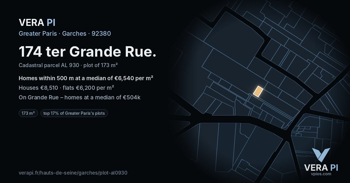 174 ter Grande Rue, Garches at night – the plot lit, the parcels around coloured by the prices near them