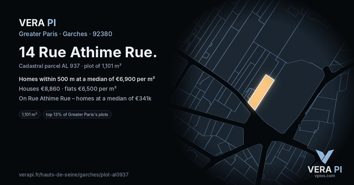 14 Rue Athime Rue, Garches at night – the plot lit, the parcels around coloured by the prices near them