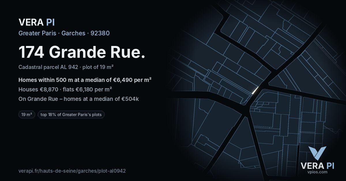 174 Grande Rue, Garches at night – the plot lit, the parcels around coloured by the prices near them
