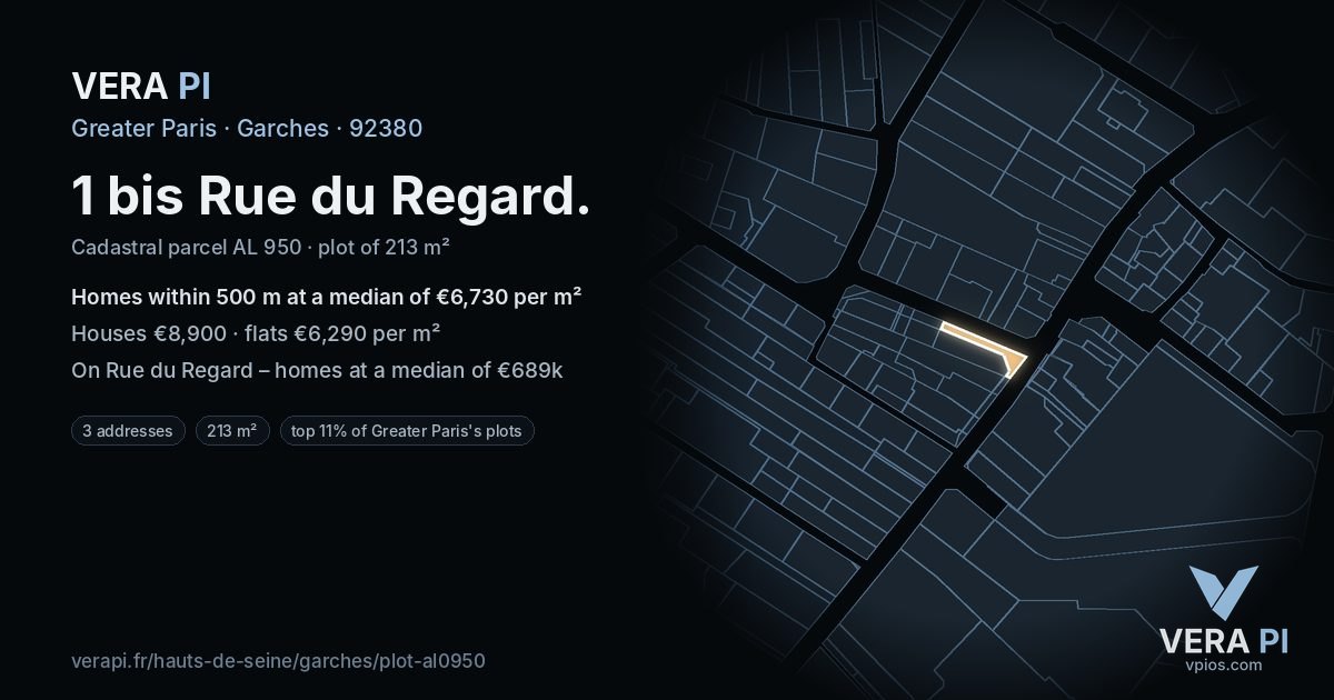 1 bis Rue du Regard, Garches at night – the plot lit, the parcels around coloured by the prices near them