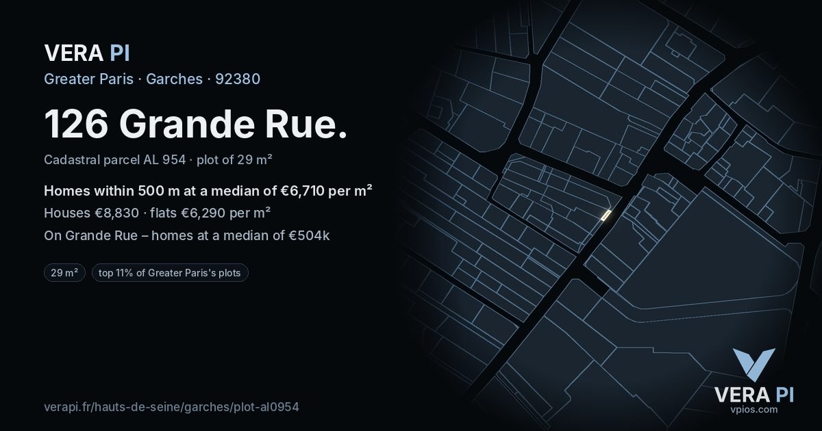 126 Grande Rue, Garches at night – the plot lit, the parcels around coloured by the prices near them