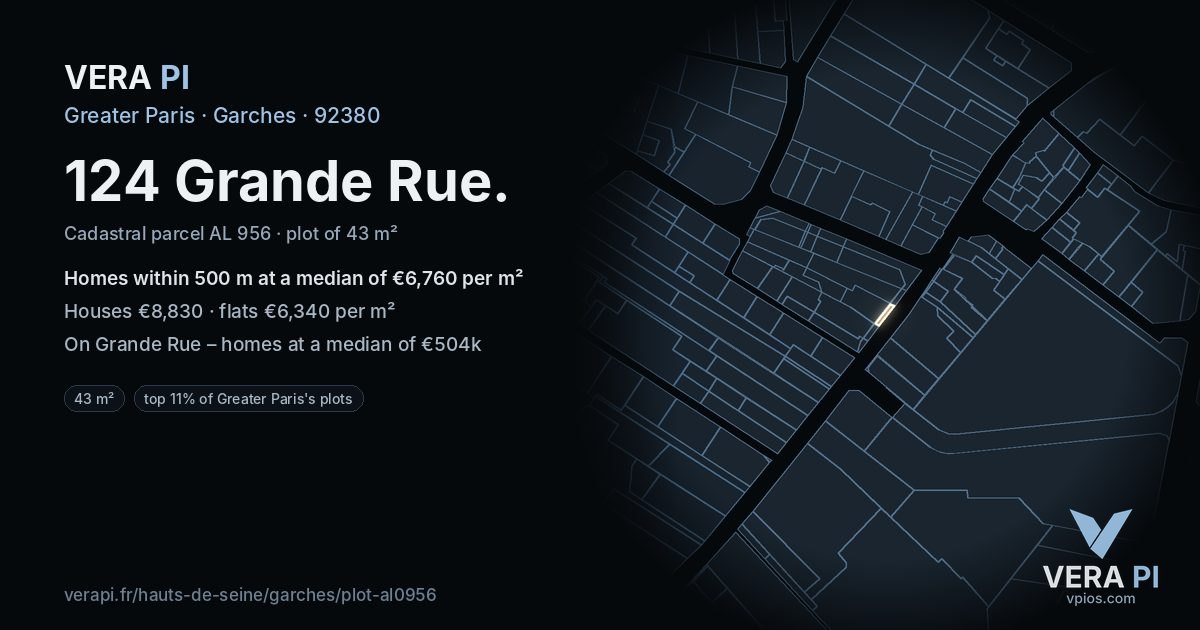124 Grande Rue, Garches at night – the plot lit, the parcels around coloured by the prices near them