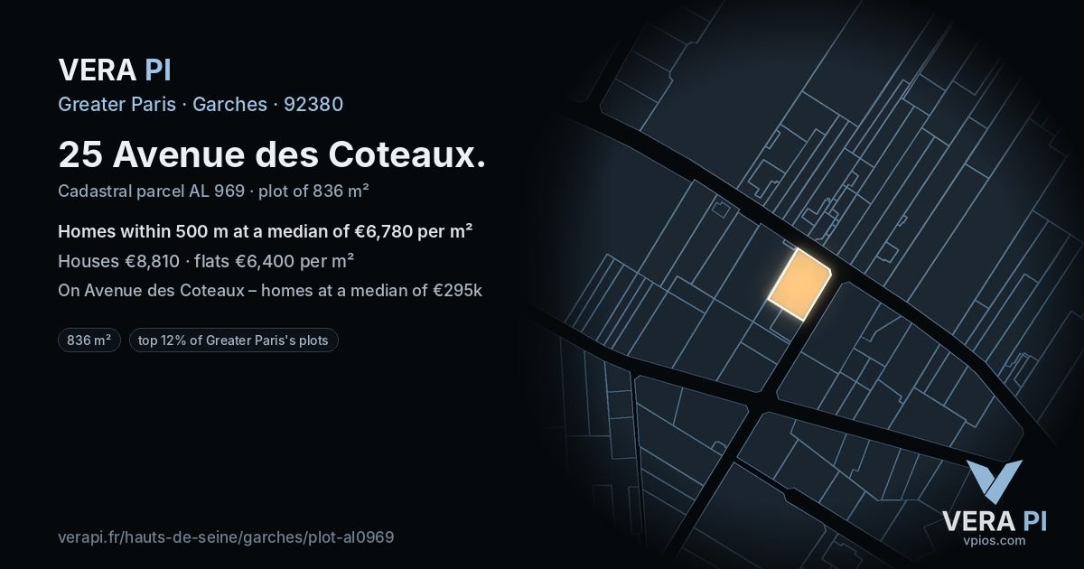 25 Avenue des Coteaux, Garches at night – the plot lit, the parcels around coloured by the prices near them