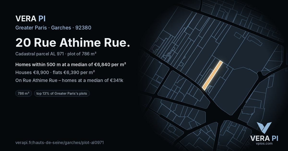 20 Rue Athime Rue, Garches at night – the plot lit, the parcels around coloured by the prices near them