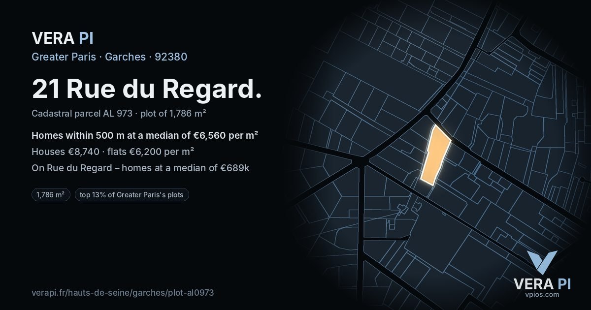 21 Rue du Regard, Garches at night – the plot lit, the parcels around coloured by the prices near them