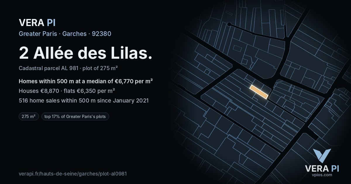 2 Allée des Lilas, Garches at night – the plot lit, the parcels around coloured by the prices near them