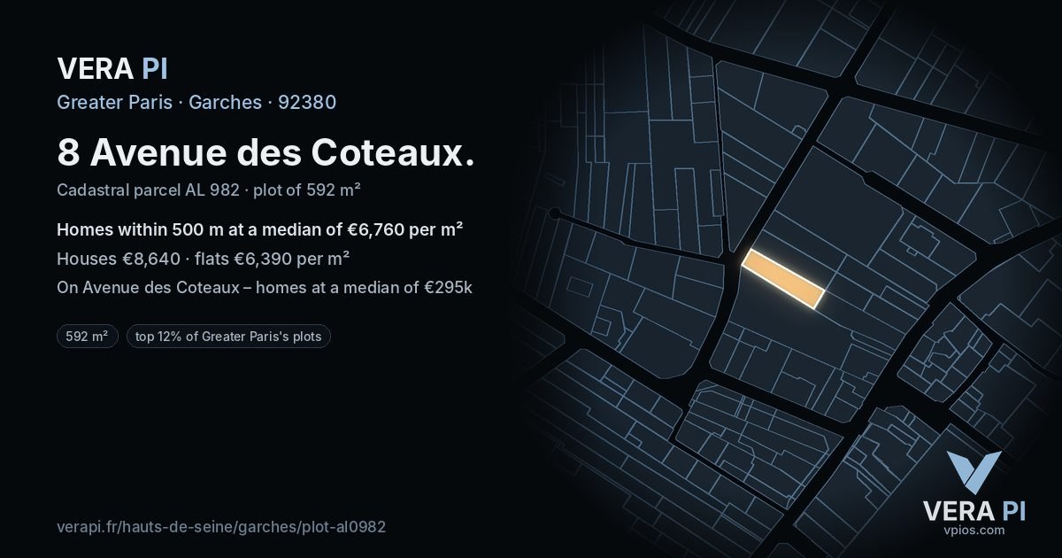 8 Avenue des Coteaux, Garches at night – the plot lit, the parcels around coloured by the prices near them