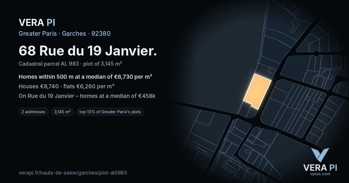 68 Rue du 19 Janvier, Garches at night – the plot lit, the parcels around coloured by the prices near them