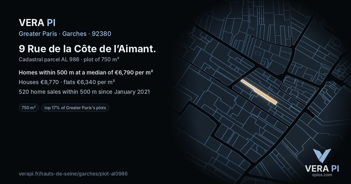 9 Rue de la Côte de l’Aimant, Garches at night – the plot lit, the parcels around coloured by the prices near them
