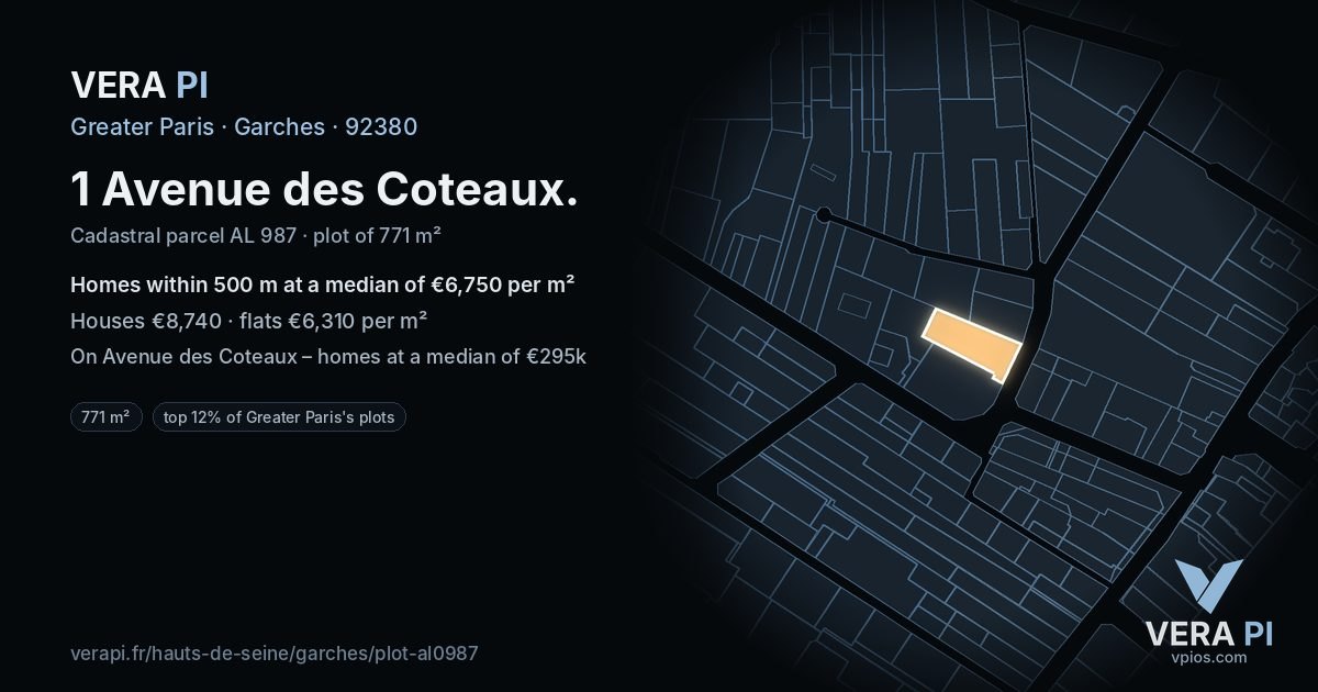 1 Avenue des Coteaux, Garches at night – the plot lit, the parcels around coloured by the prices near them