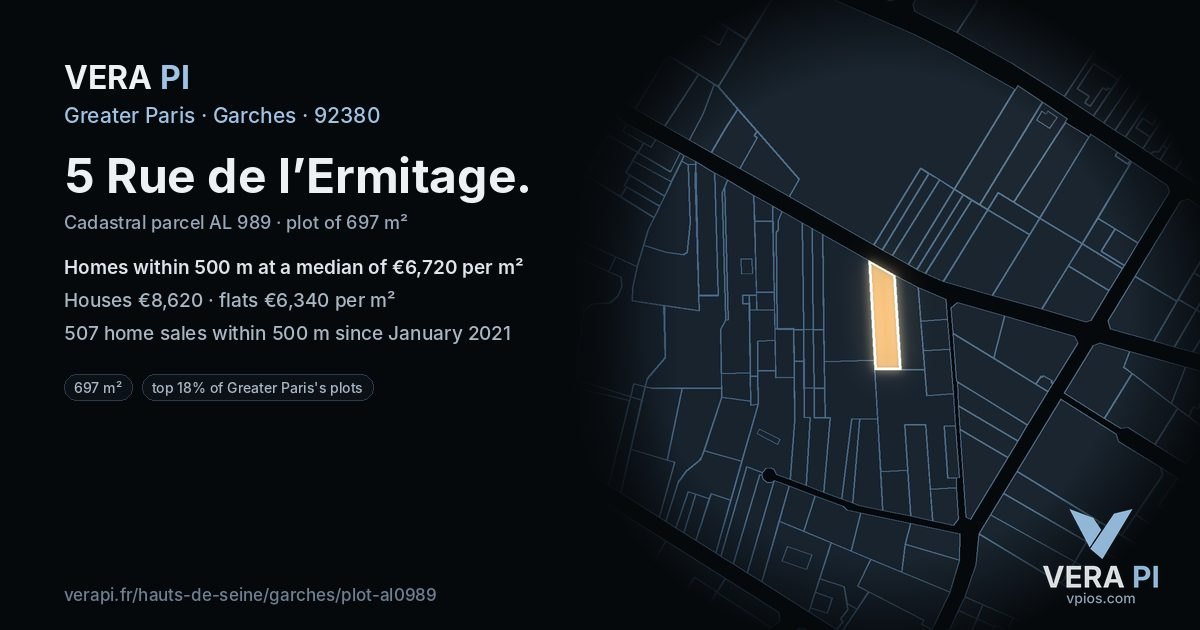 5 Rue de l’Ermitage, Garches at night – the plot lit, the parcels around coloured by the prices near them
