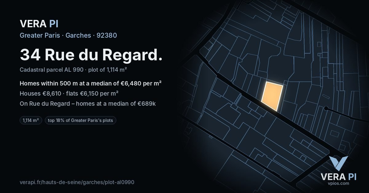 34 Rue du Regard, Garches at night – the plot lit, the parcels around coloured by the prices near them