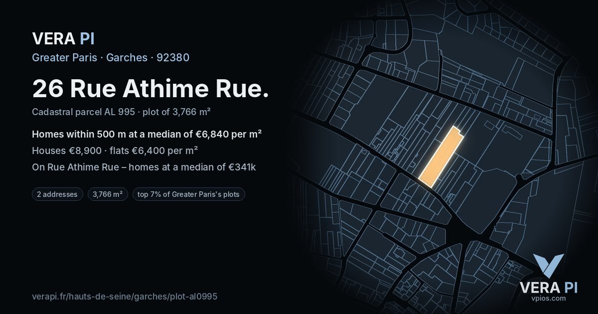 26 Rue Athime Rue, Garches at night – the plot lit, the parcels around coloured by the prices near them