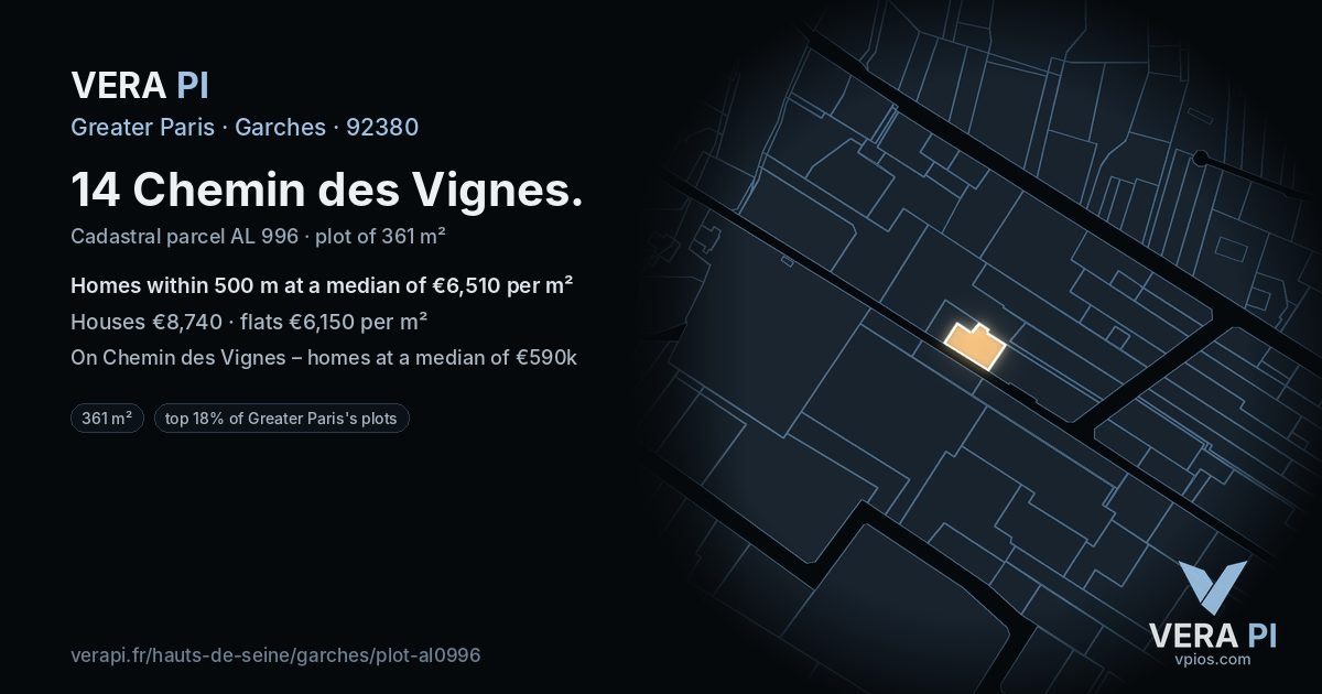 14 Chemin des Vignes, Garches at night – the plot lit, the parcels around coloured by the prices near them