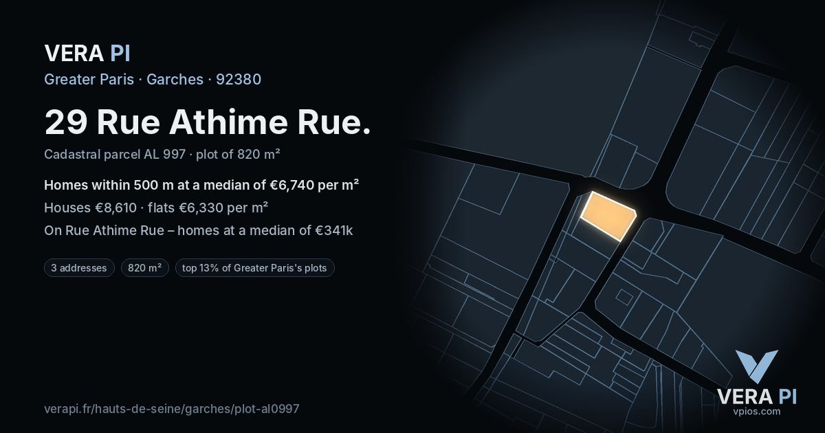 29 Rue Athime Rue, Garches at night – the plot lit, the parcels around coloured by the prices near them