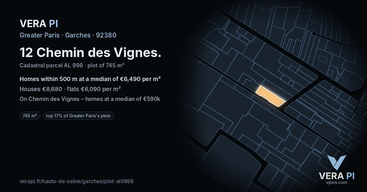 12 Chemin des Vignes, Garches at night – the plot lit, the parcels around coloured by the prices near them