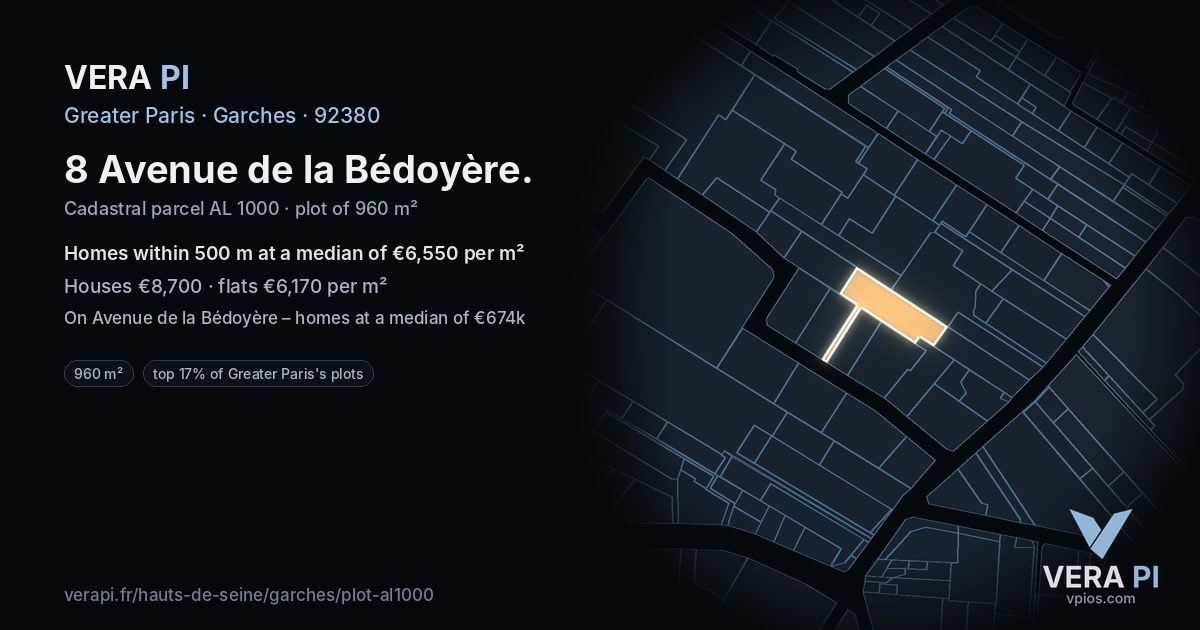 8 Avenue de la Bédoyère, Garches at night – the plot lit, the parcels around coloured by the prices near them