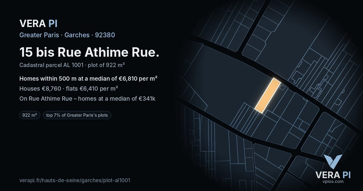 15 bis Rue Athime Rue, Garches at night – the plot lit, the parcels around coloured by the prices near them