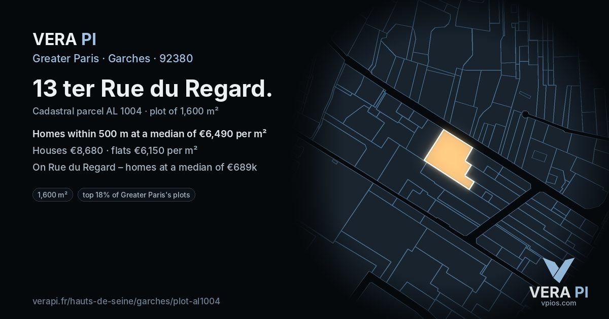 13 ter Rue du Regard, Garches at night – the plot lit, the parcels around coloured by the prices near them