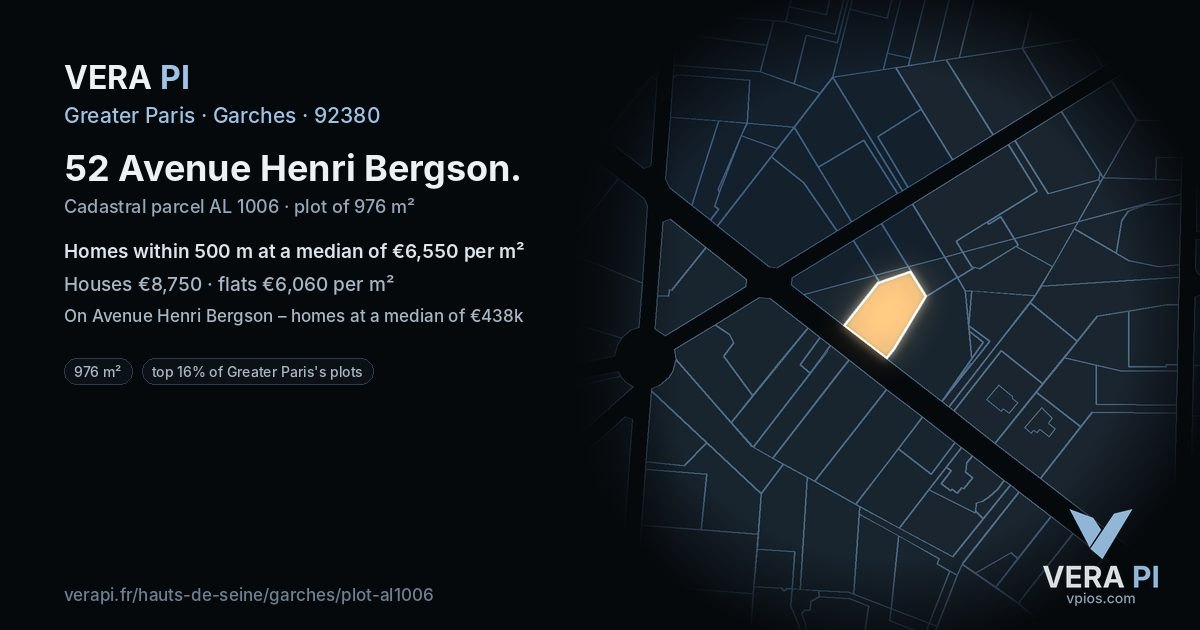 52 Avenue Henri Bergson, Garches at night – the plot lit, the parcels around coloured by the prices near them