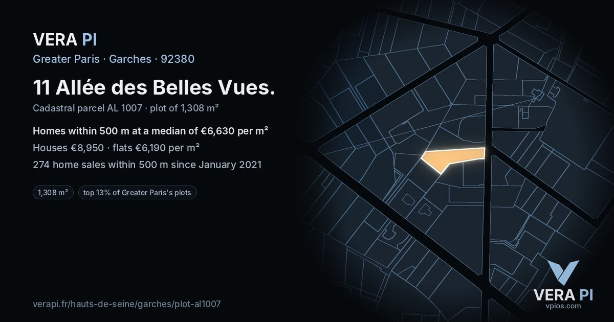 11 Allée des Belles Vues, Garches at night – the plot lit, the parcels around coloured by the prices near them