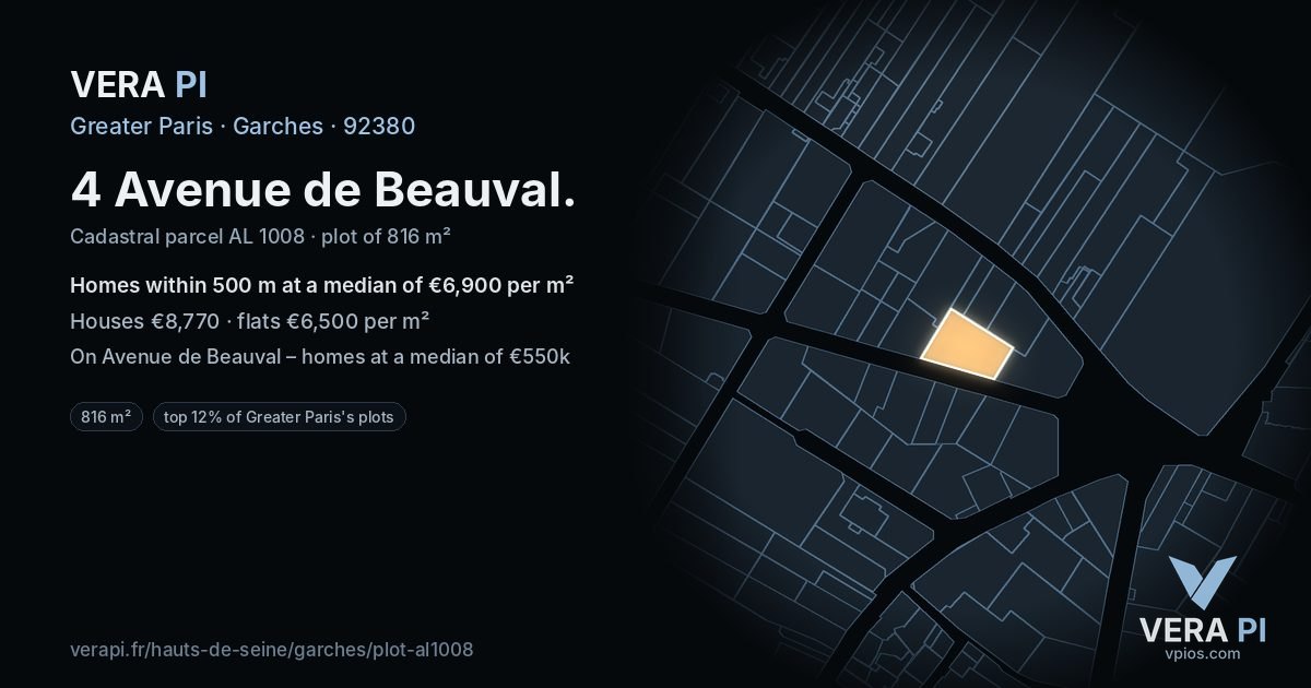 4 Avenue de Beauval, Garches at night – the plot lit, the parcels around coloured by the prices near them