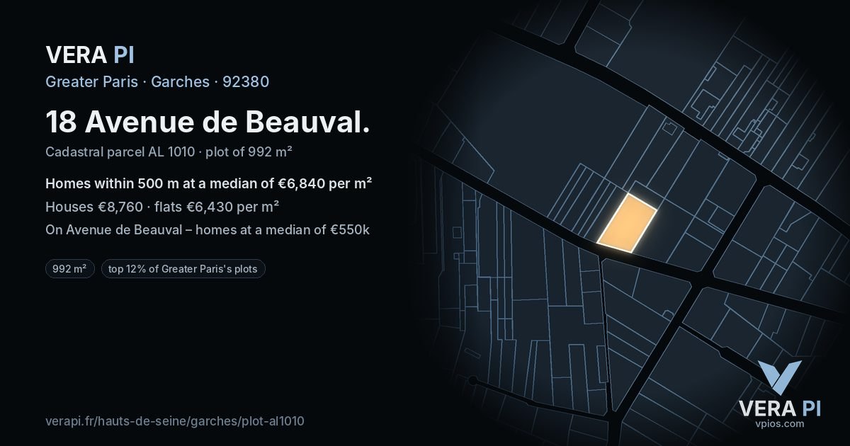 18 Avenue de Beauval, Garches at night – the plot lit, the parcels around coloured by the prices near them
