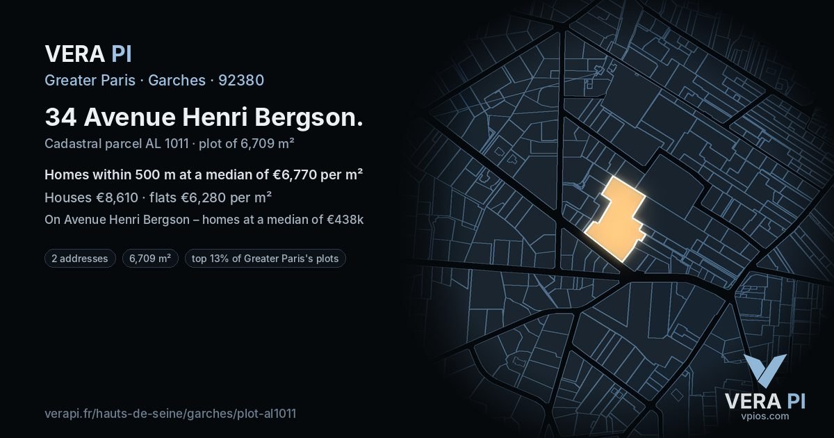 34 Avenue Henri Bergson, Garches at night – the plot lit, the parcels around coloured by the prices near them