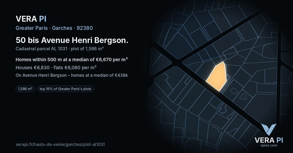 50 bis Avenue Henri Bergson, Garches at night – the plot lit, the parcels around coloured by the prices near them