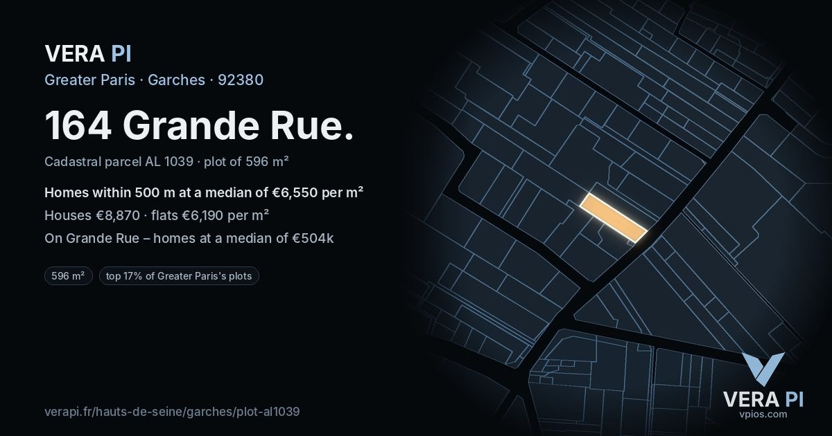 164 Grande Rue, Garches at night – the plot lit, the parcels around coloured by the prices near them