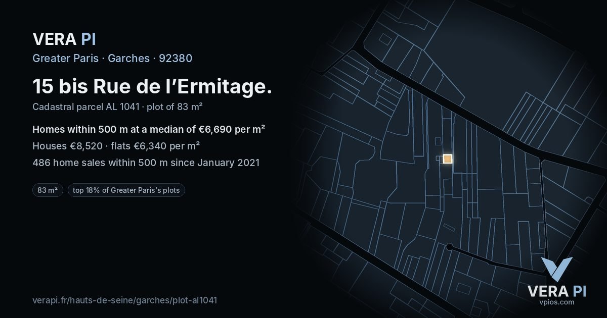 15 bis Rue de l’Ermitage, Garches at night – the plot lit, the parcels around coloured by the prices near them