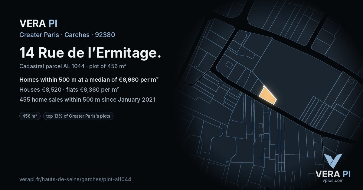 14 Rue de l’Ermitage, Garches at night – the plot lit, the parcels around coloured by the prices near them