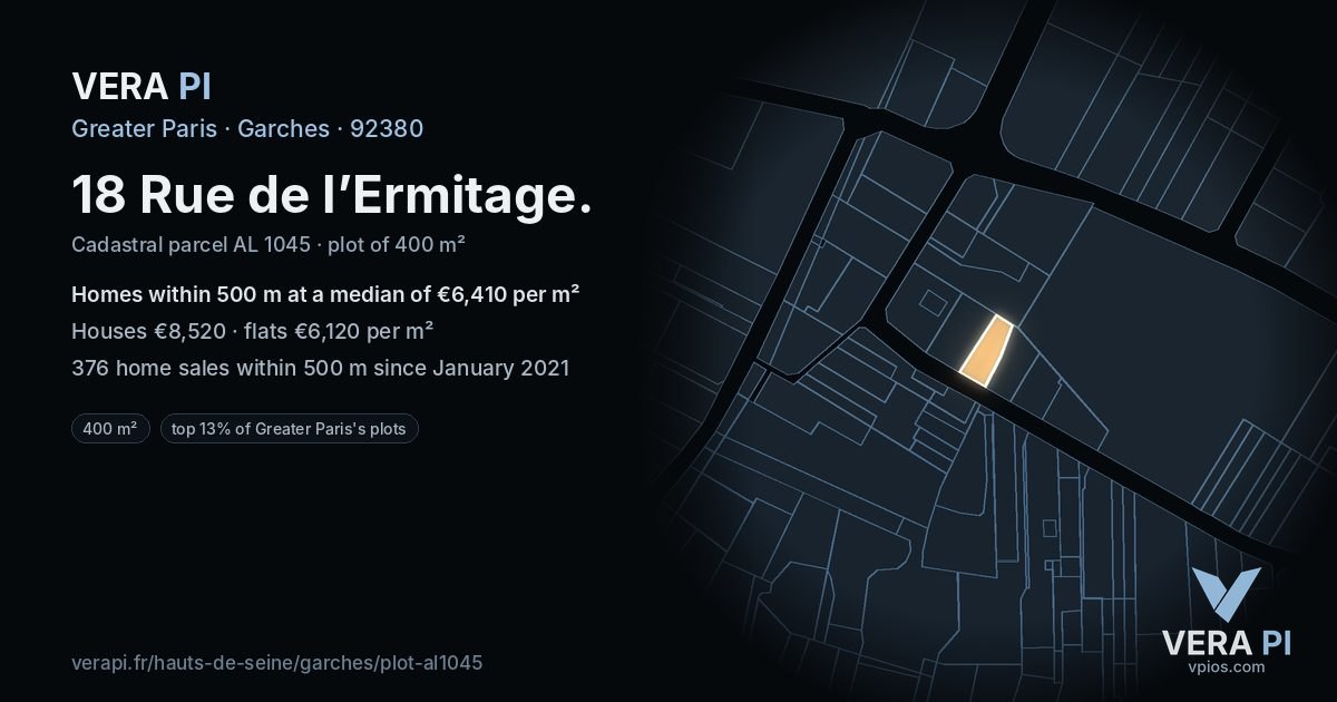18 Rue de l’Ermitage, Garches at night – the plot lit, the parcels around coloured by the prices near them