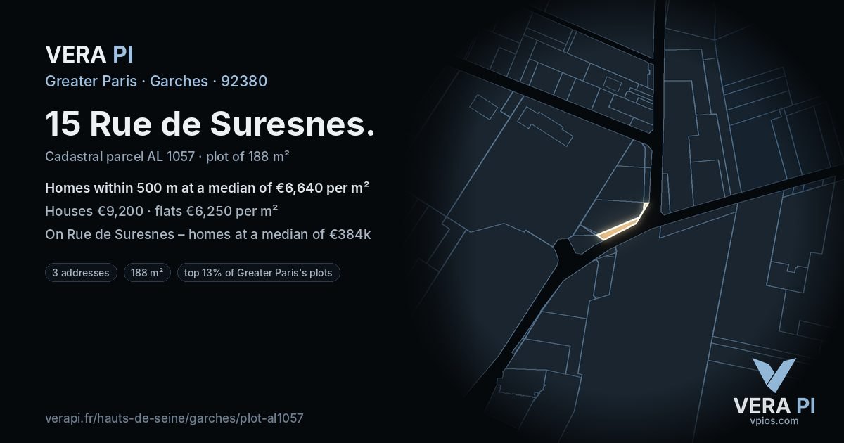 15 Rue de Suresnes, Garches at night – the plot lit, the parcels around coloured by the prices near them