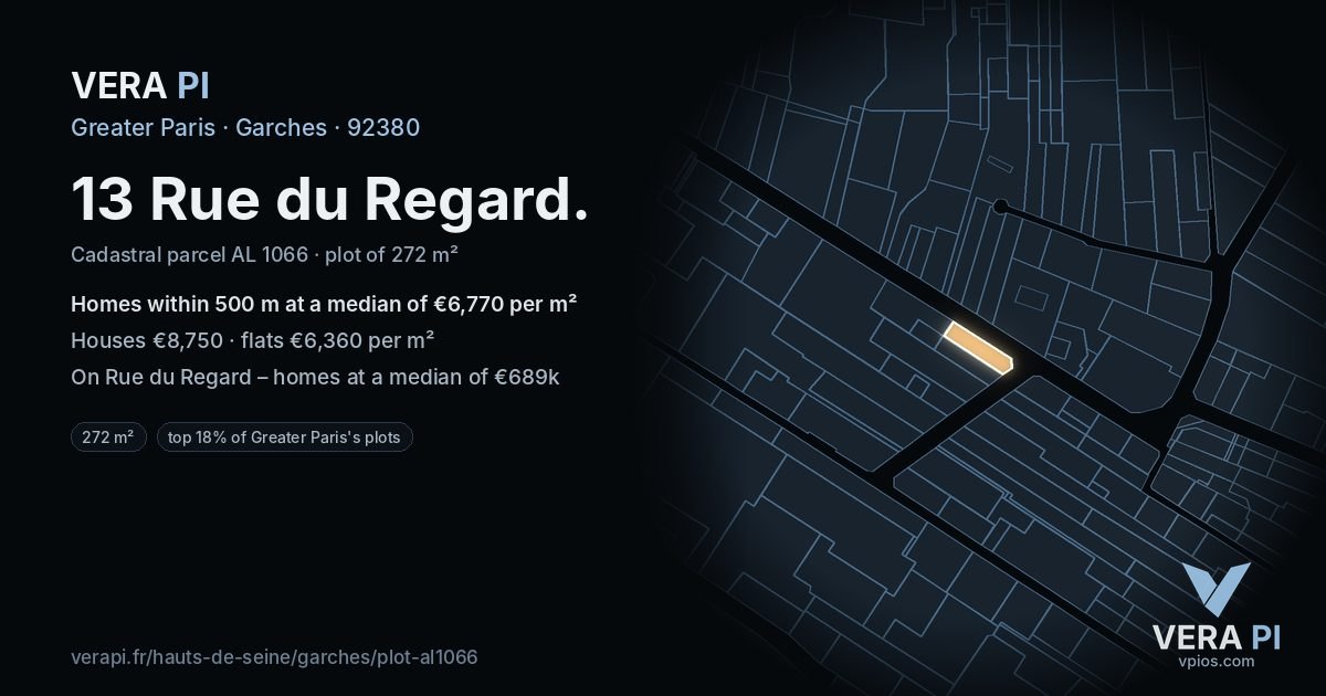 13 Rue du Regard, Garches at night – the plot lit, the parcels around coloured by the prices near them