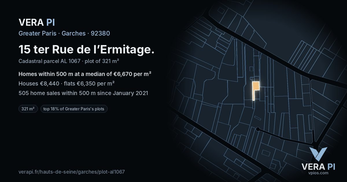 15 ter Rue de l’Ermitage, Garches at night – the plot lit, the parcels around coloured by the prices near them