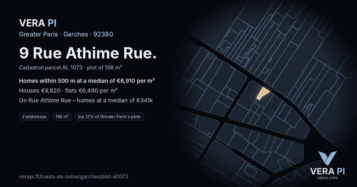 9 Rue Athime Rue, Garches at night – the plot lit, the parcels around coloured by the prices near them
